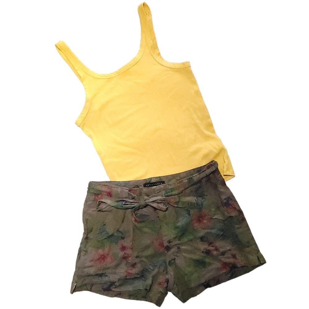 SANCTUARY linen blend olive green red tropical floral snap Womens 25